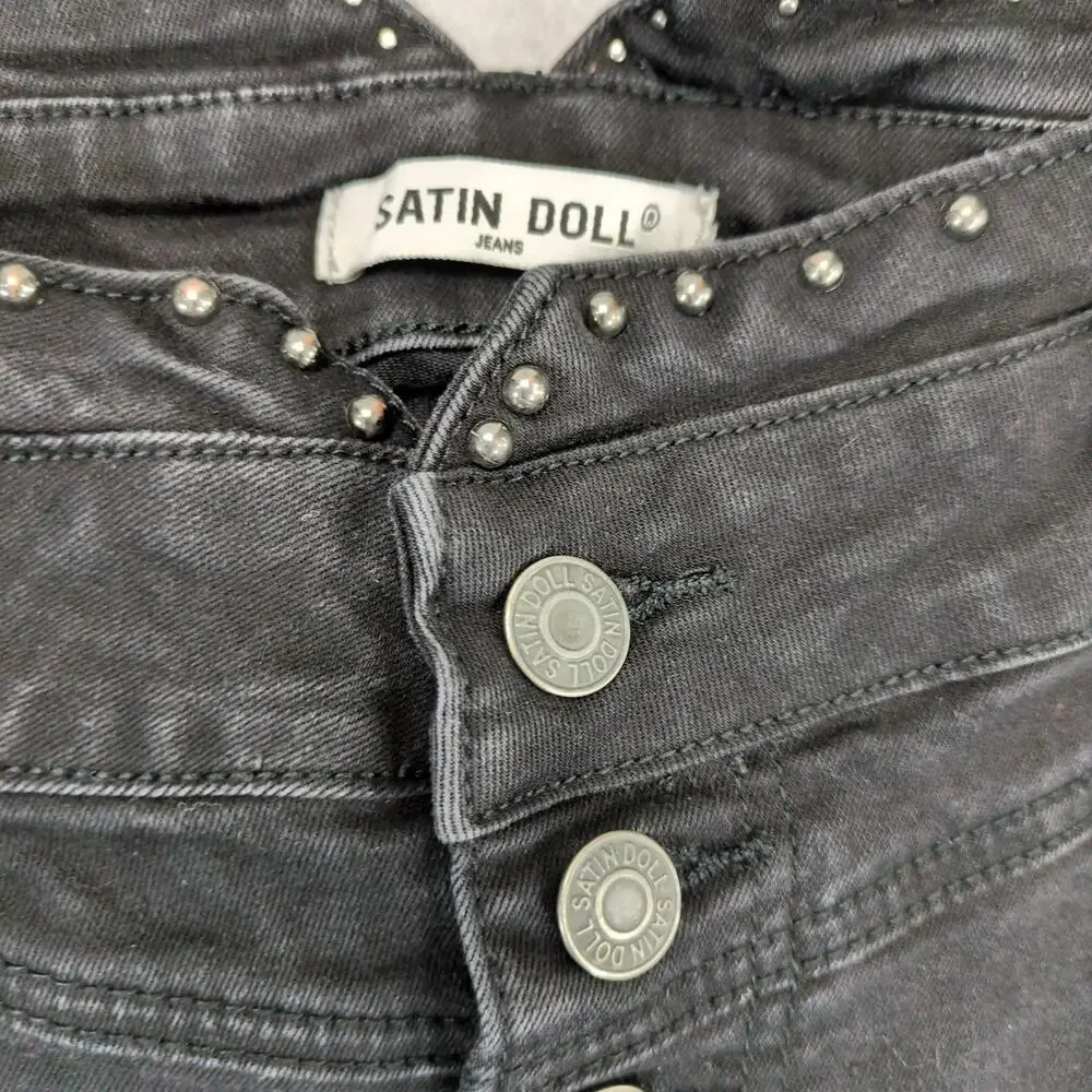 Satin Doll Women's 20 Stretch Black Denim‎ Cropped Jeans, Stud Waist Button Fly